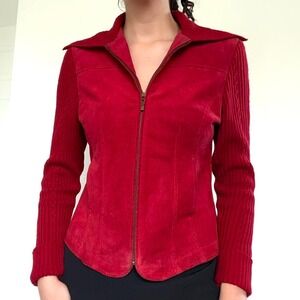 Y2K Red Suede Zip Up Leather Jacket